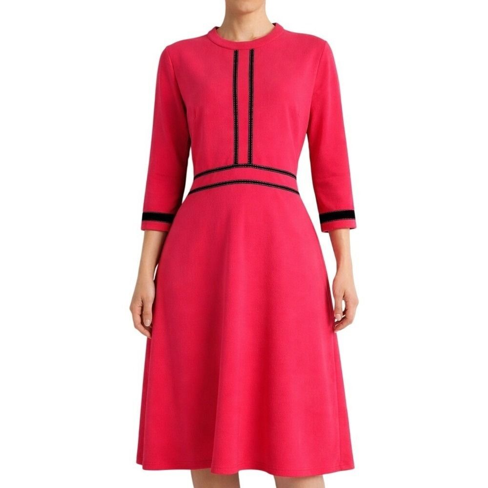HOMEYEE Women Pink Black 3/4 Sleeve Dress Size US12 Contrast Trim Midi Stretch